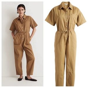 Madewell womens Tie-Waist Short-Sleeve‎ Jumpsuit (Re)generative Chino Dark Khaki